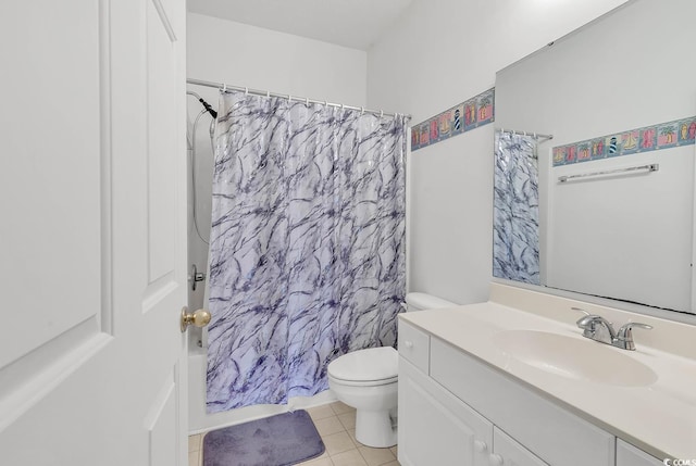 full bathroom with toilet, tile patterned floors, shower / tub combo with curtain, and vanity