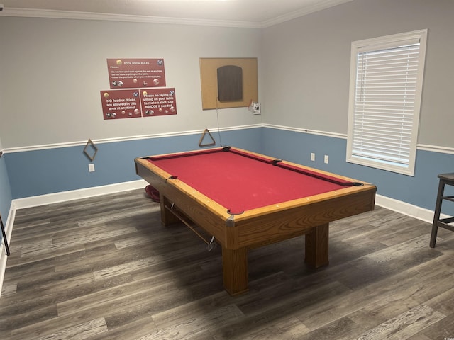 playroom with pool table, dark hardwood / wood-style floors, and ornamental molding