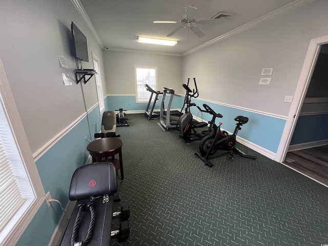 exercise area with crown molding and ceiling fan