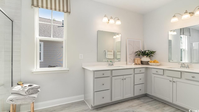 bathroom with wood finished floors, double vanity, and baseboards