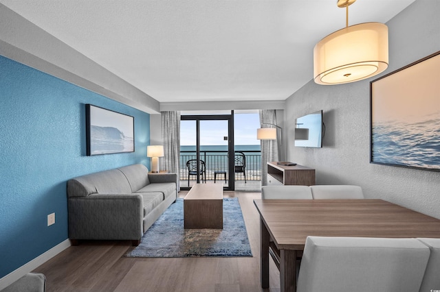 2006 N Ocean Blvd Unit 776, Myrtle Beach, SC 29577 - living area with a textured wall, wood finished floors, floor to ceiling windows, and baseboards