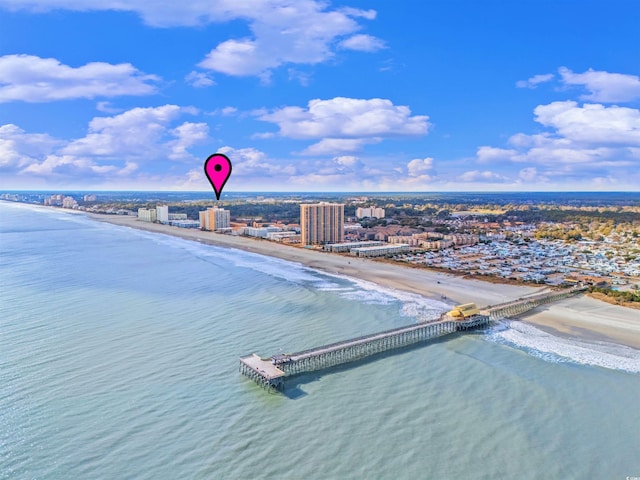 bird's eye view with a view of the beach and a water view