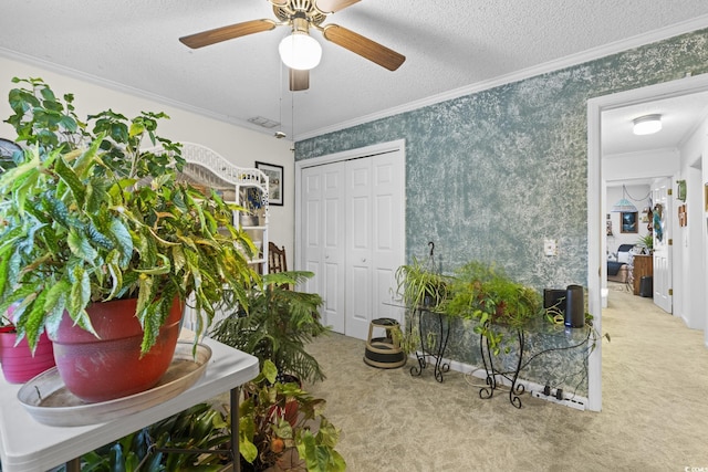 interior space featuring a textured ceiling, ceiling fan, and crown molding