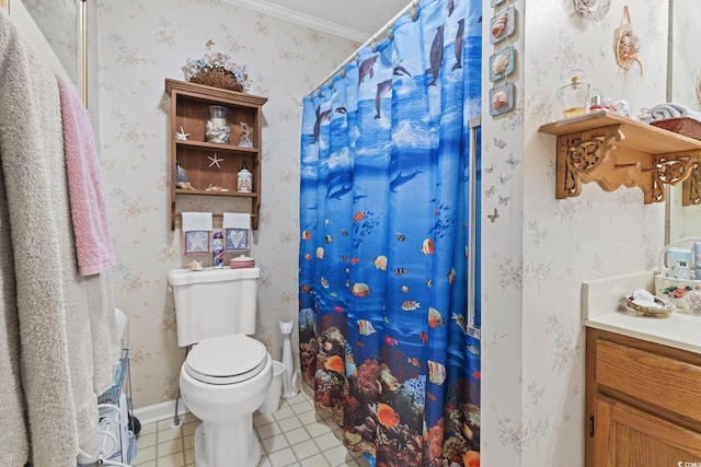 bathroom with walk in shower, vanity, crown molding, tile patterned flooring, and toilet