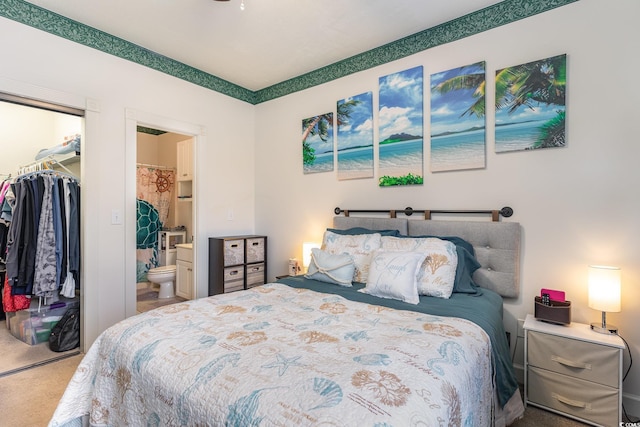 bedroom featuring a walk in closet, carpet floors, ensuite bath, and a closet