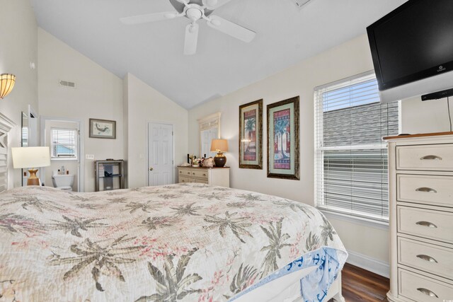 bedroom featuring ceiling fan, dark hardwood / wood-style flooring, and vaulted ceiling