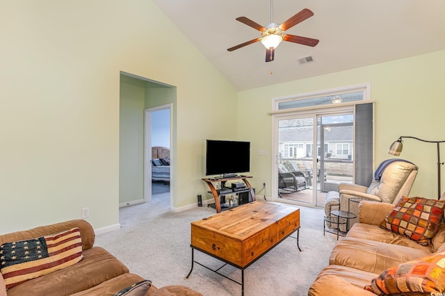 living room featuring visible vents, high vaulted ceiling, carpet floors, baseboards, and ceiling fan