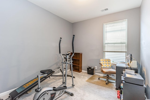 workout room with visible vents, carpet flooring, and baseboards