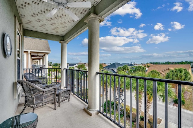 balcony featuring ceiling fan