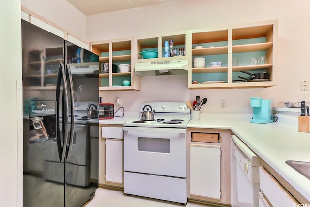 1302 River Oaks Dr Unit 4-F, Myrtle Beach, SC 29579 - kitchen featuring white appliances, under cabinet range hood, light countertops, white cabinetry, and open shelves