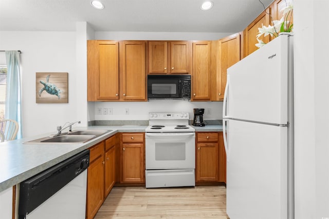 kitchen with sink, light hardwood / wood-style floors, and white appliances