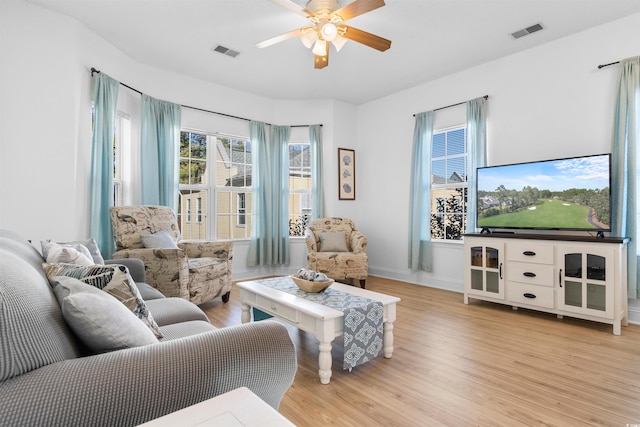 living room featuring ceiling fan and light hardwood / wood-style flooring