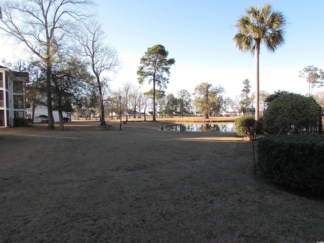 view of community with a water view