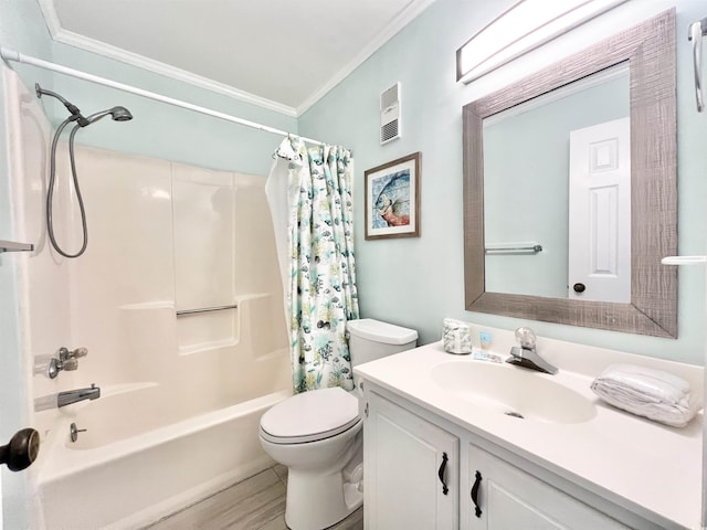 full bathroom with shower / bathtub combination with curtain, ornamental molding, vanity, and toilet