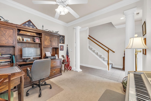 home office with ornamental molding, ceiling fan, light tile patterned flooring, and decorative columns