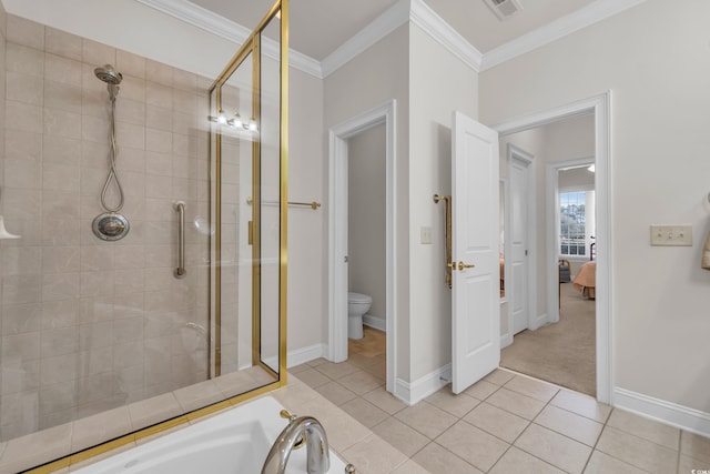 bathroom with ornamental molding, plus walk in shower, tile patterned floors, and toilet