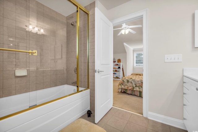 bathroom with vanity, shower / bath combination with glass door, tile patterned flooring, and ceiling fan