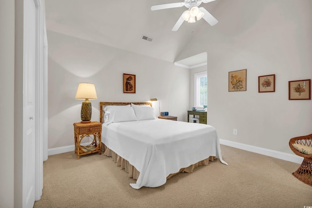 carpeted bedroom with lofted ceiling and ceiling fan