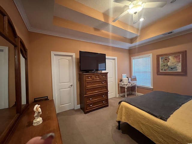 389 Cabo Loop, Myrtle Beach, SC 29588 - bedroom with a raised ceiling, carpet floors, a ceiling fan, baseboards, and crown molding