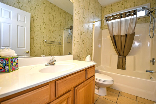 full bathroom with toilet, tile patterned flooring, shower / bath combo with shower curtain, and vanity