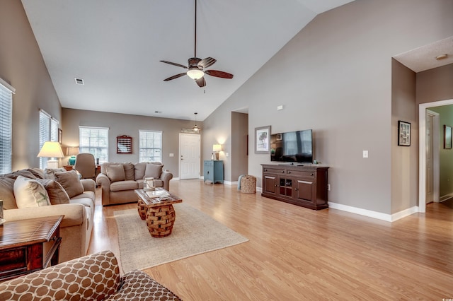 living room with high vaulted ceiling, light wood-type flooring, and ceiling fan