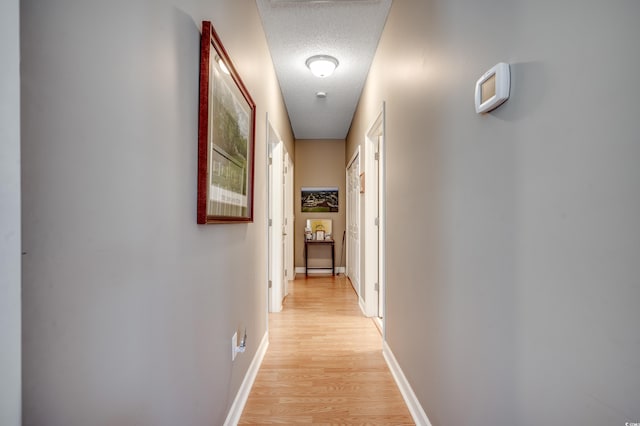 corridor featuring a textured ceiling and light hardwood / wood-style flooring