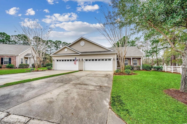 single story home featuring a front yard and a garage