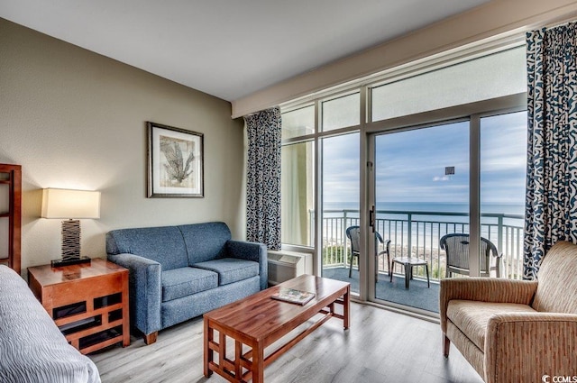 living area featuring a water view, a view of the beach, and wood finished floors