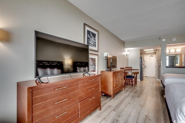 living room with light wood-type flooring and lofted ceiling