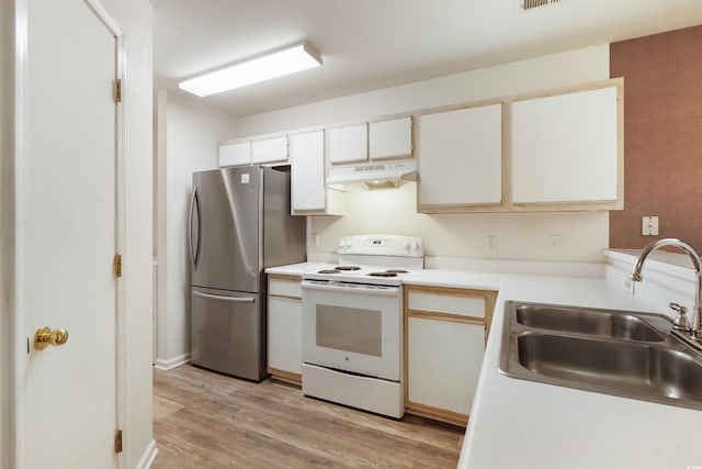 kitchen featuring sink, light hardwood / wood-style flooring, white range with electric cooktop, white cabinets, and stainless steel fridge