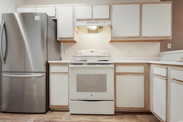 kitchen with white cabinets, electric range, stainless steel fridge, and light hardwood / wood-style flooring