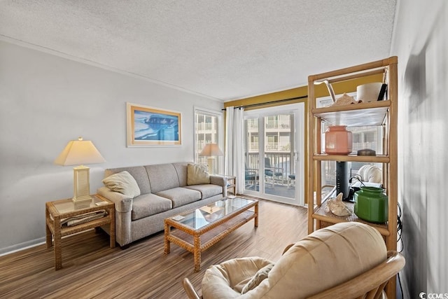 living room featuring wood-type flooring, a textured ceiling, and ornamental molding