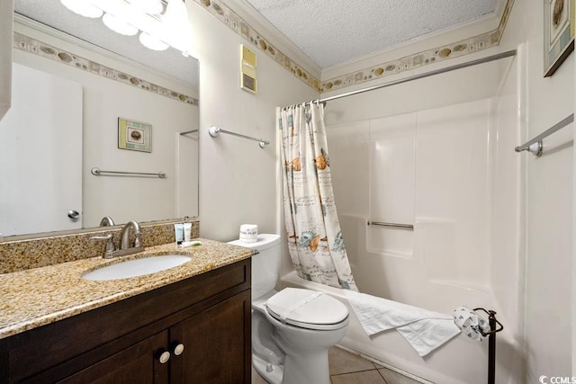 full bathroom featuring a textured ceiling, ornamental molding, toilet, tile patterned floors, and vanity