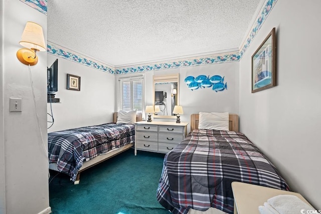 carpeted bedroom featuring a textured ceiling