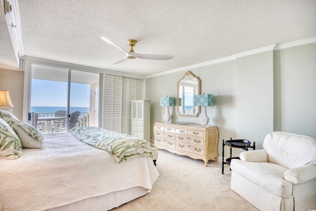 bedroom with multiple windows, access to exterior, ceiling fan, and a water view