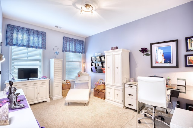 home office featuring light carpet