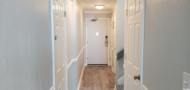 doorway featuring light wood-type flooring and ornamental molding