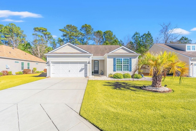 ranch-style house with a garage and a front lawn