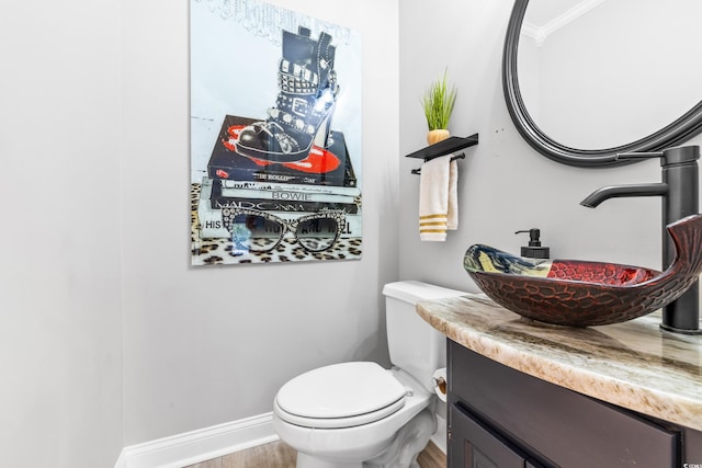 bathroom with toilet, crown molding, and vanity