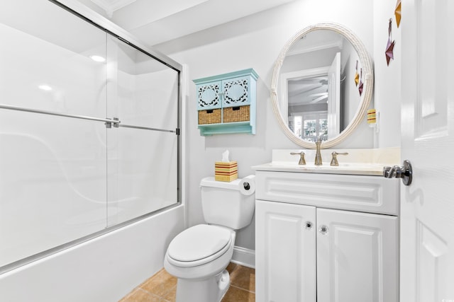 full bathroom with toilet, shower / bath combination with glass door, crown molding, tile patterned floors, and vanity