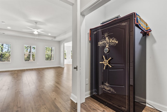 entryway featuring ceiling fan and wood-type flooring