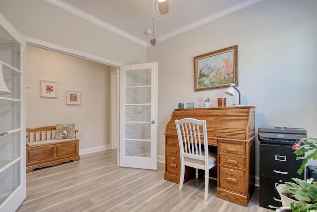 home office featuring ornamental molding, ceiling fan, french doors, and light hardwood / wood-style floors