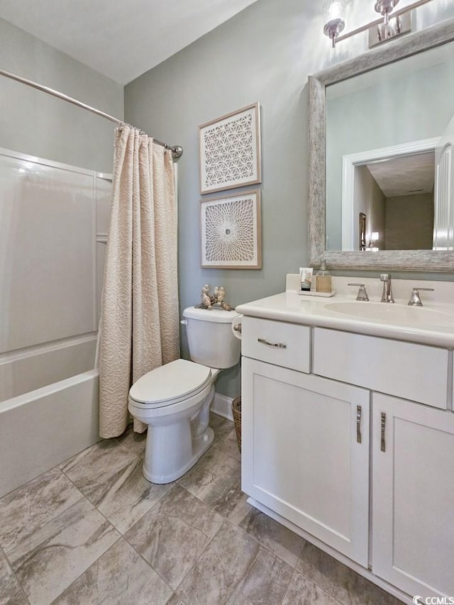 full bathroom with toilet, vanity, and shower / bath combo with shower curtain