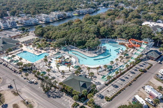 bird's eye view with a water view