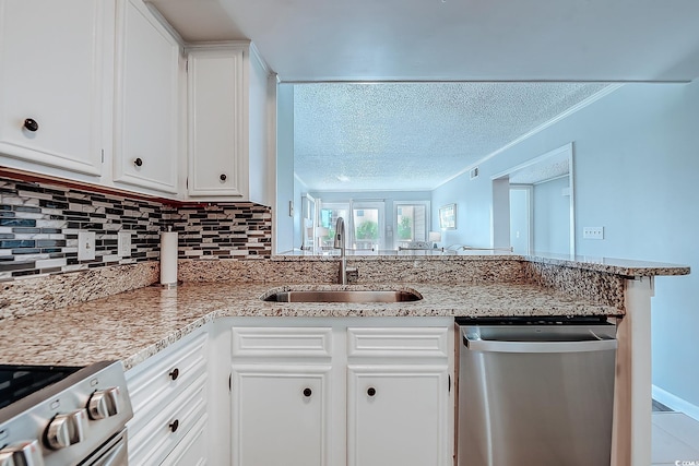 kitchen with tasteful backsplash, ornamental molding, a peninsula, stainless steel appliances, and a sink