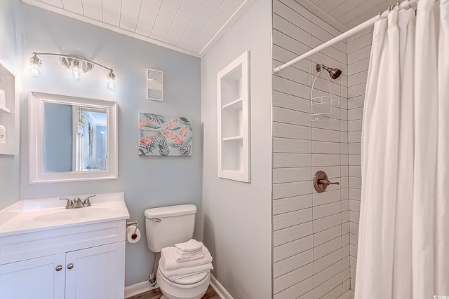 full bath with visible vents, tiled shower, toilet, crown molding, and vanity