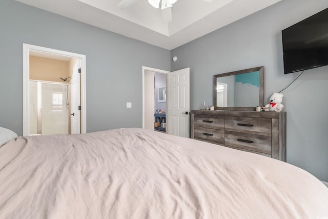 bedroom with ceiling fan and ensuite bathroom