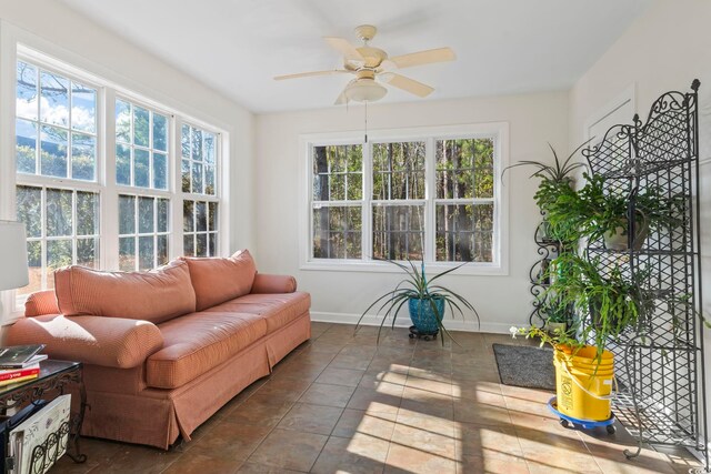 sunroom / solarium featuring ceiling fan