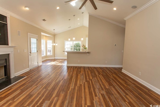 unfurnished living room with high vaulted ceiling, ceiling fan, crown molding, and dark hardwood / wood-style floors