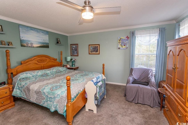 carpeted bedroom with ceiling fan, crown molding, and a textured ceiling